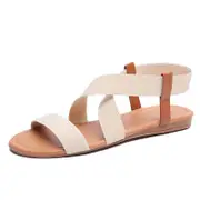 Catzon Elastic Cute Flat Sandals for Women Open Toe Beach Shoes-Beige