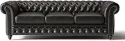 Valencia 92" Chesterfield Sofa, Full-Aniline Leather 3 Seater Sofa, Mid-Century Leather Couch with Classic Button Tufted Back, Parma (Black)