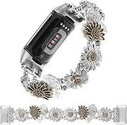 Stretchy Metal Bracelet Bands Compatible with Fitbit Charge 5/ Charge 6 Band, Women Fancy Elastic Sunflower Heart Dressy Stainless Replacement Wristband Strap for Charge 5/ Charge 6 Fitness Tracker