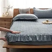 Cotton Fitted Sheet with 2 Pillowcase Thicken Solid Color Mattress Protector Cover with 15'' Deep Pocket Non-Slip Bed Sheet Ultra Soft Mattress Topper for Twin/Full/Queen/King Size