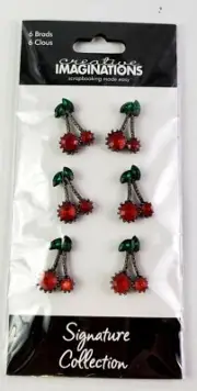 Red Cherries Rhinestone & Metal - 6 Brad's for Scrapbooking
