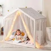 Kids Play Tent with a String of Star Lights & Star-Shaped Windows, Large Kids Playhouse Indoor Outdoor, Breathable Curtains, Castle Tent for Girls Boys(Beige)
