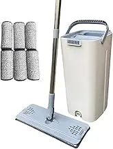 UniPro GOODS- Mop and Bucket with Wringer Set, 2 Compartment System for Efficient Cleaning – Self-Wringing Design, White Flat Squeeze Mop Bucket Set for Floor Cleaning, Mop with 6 Microfibre Pads