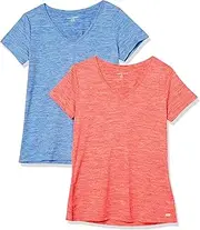 [Amazon Essentials] Women's Tech Stretch Short-Sleeve V-Neck T-Shirt (Available in Plus Size), Pack of 2, Coral Orange Space Dye/Light Blue Space Dye, Medium