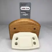 Nos Strasser WoodenWorks Solid Oak & Porcelain Toothbrush Tumbler Holder USA