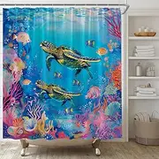 YSATNSFT Ocean Underwater World Shower Curtain Colorful Tropical Fishes Turtle Coral in The Deep Sea Fabric Bathroom Decor Set with Hooks,(70" WX70 H)