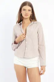 Beige Stripe Smart Fit Shirt Long Sleeve Collared Button Up - Size 16XL, Women's Shirt
