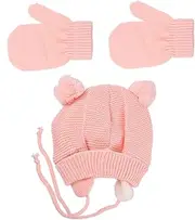 [AKOOSY] 1Set Crochet Hat Knitted Gloves Set Pompom Ear Flap Beanie for Warmth Soft Stretchy Knit Accessory for Newborns Boys