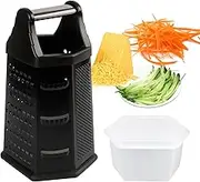KAYCROWN Box Grater, Stainless Steel with 6 Sides, Cheese Grater & Shredder Best for Parmesan Cheese, Vegetables, Ginger, Citrus Lemon Zester, XL Size Includes Storage Container, Black