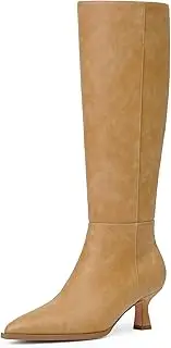 [Modatope] Knee High Boots Kitten Low Heel Faux Leather Pointed Toe Side Zipper Fall Long Tall Boots for Women