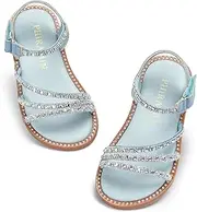 [PHIRAMIN] Toddler Girl Sandals - Flower Girl Dress Shoes Open Toe Little Kid Summer Flats, Sparkly Rhinestone Blue, 6 Toddler