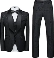 [JEShifangjiusu] Men's 3 Pieces 1 Button Flora Tuxedo Blazer Elegant Slim Fit Single Breasted for Prom Wedding Party Stylish Suit Dress Set Vest Pants, Black, L