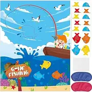 Gone Fishing Birthday Party Game Supplies Pin The Fish on Fishhook Game Large Summer Fishing Poster with 24 PCS Fish Pin the Tail Banner Backdrop for Home Wall Kids Fisherman Gifts Favors Decorations