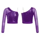 Girls Shiny Sequins Dance Crop Tops One Shoulder T-Shirt Jazz Hip Hop AU