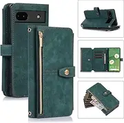 [UEEBAI] Wallet Case for Google Pixel 7a 5G, 9 Card Slots Retro Leather Wallet Shockproof Flip Cover with Hand Strap Card Slots Zipper Pocket Kickstand Handbag Magnetic Closure Case - Retro Green