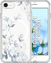 Tcaraersing Magnetic Clear Flower Case for iPhone SE 3/2 (2022/2020), iPhone 8/7, 4.7-Inch, Compatible with MagSafe, Floral Pattern Transparent Shockproof Slim Cover for Teens Girls - Hibiscus