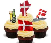 Denmark Fun Pack, Edible Stand-up Fairy Cup Cake Toppers, Danish Flag