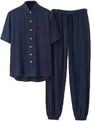 [NTWSHS] Chinese Clothing Chinese Clothing Tang Suit Men Hanfu Kung Fu Uniforms Short Sleeve and Pants, Cotton Linen Tai Chi Clothes Martial Arts Suit Breathable Zen Meditation Uniform Shirt(Blue,XX-Large)