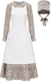 [FORTMAC] Prairie Dress Women-Pioneer Colonial Costume Floral 1800s Dress for Women with Pioneer Bonnet Apron