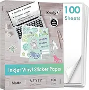 Koala Printable Vinyl Sticker Paper for Inkjet Printer - 100 Sheets Sticker Printer Paper Matte White, Waterproof Sticker Paper 8.5x11 Inch, Work with Cutting Machine