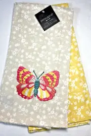 CYNTHIA ROWLEY (2) KITCHEN TOWELS BUTTERFLY KHAKI YELLOW 100% COTTON NWT