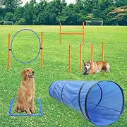 GeerDuo Dog Agility Training Equipment, Obstacle Agility Training Starter Kit for Doggie, Including Tunnel, 13 Weave Poles, Adjustable Hurdle, Jump Ring, Pause Box and Carrying Bag(Blue)