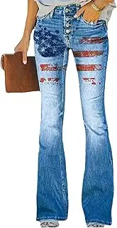 [TACSTRUN] Womens American Flag Print Bootcut Jeans Button Flared Jeans for July 4Th