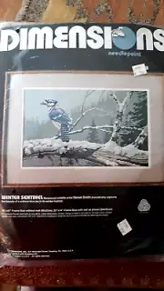 DIMENSIONS 1988 "Winter Sentinel" Blue Jay in Winter Needlepoint Kit Rare!
