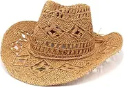 [Oxuvumo] Straw Cowboy Hat for Womens Men Foldable Wide Brim Cowgirl Hat Travel Vacation Lightweight Beach Summer Sun Hats