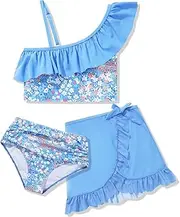 [URMAGIC] Girl's 3 Pieces Bathing Suit Tropical Print Floral Texture Color Matching Bikini Set with Skirt Kids Swimwear