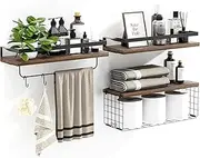 Floating Shelves with Storage Basket,Bathroom Shelves Over Toilet with Protective Metal Guardrail,Wall Mounted Rustic Wood Shelves,Wood Hanging Shelving for Bathroom Bedroom Living Room,Set of 3