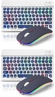 2 Pack Ultra-Slim Bluetooth Keyboard and Mouse Portable Rechargeable 7-Color Backlit for Apple iPad iPhone Samsung Tablet iPhone Smartphone iOS Android Windows Round Keys -Purple