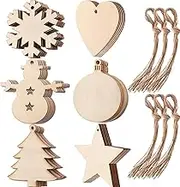 Miners2000 60 Pieces Wooden Cutouts Christmas Wood Ornaments, Star, Christmas Tree, Snowflake, Snowman Christmas Wooden Hanging Ornaments with 60 Pieces Ropes for Embellishments, Wedding, DIY Craft