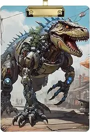 Robot Dinosaur Walks Through City Clipboard Plastic A4 Letter Size 9" x 12.5" with Low Profile Metal Clip Non Slip Clipboard for Students, Women, Men and Kids