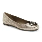 Tory Burch Women's Reva Metallic Cobra Logo Ballet Flats Pewter Size 7