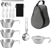 Namolit Outdoor Cookware Set 500ml Stainless Steel Camping Bowl with Strainer Ladle Soup Spoon Flatware Fixed Handle