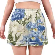 [RPLIFE] Blue Hydrangeas White Iris Flowers Women Pajama Shorts, Cute Casual Pants For Women, Summer Ladies Pajamas