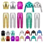 Kids Girls Dance Crop Top Shiny Metallic Vest Jazz Hip-Hop Leggings Pants AU