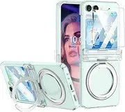 [ELEPIK] for Galaxy Z Flip 6 Case with Sturdy 360°Rotatable Ring Stand, [Hinge Protection] [Compatible with MagSafe] [Back Window Screen Protector] Military-Grade Slim Z Flip 6 5G Phone Cover, Clear.
