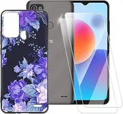 ESACMOT Purple Flowers Pattern Case Compatible with ZTE Blade A52 + [2 Pack] Screen Protector Tempered Glass, Shockproof Case Cover for ZTE Optus X Pro 2 (6.52 inch)