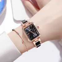 在飛比找蝦皮購物優惠-台灣現貨 时尚女士手錶 方形气质镶钻陶瓷手链錶石英錶 女士腕