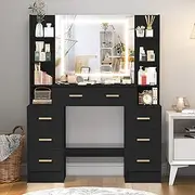 Vanity Desk with Lighted Mirror,Makeup Desk with 7 Drawers,6 Shelves,3 Lighting Modes Adjustable Brightness,Large Vanity Table for Women, Girls (Black)