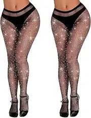 [FIREYUN] 2 pack Sexy Sparkly Fishnets Stockings Jeweled High Waist Fishnet Tights for Women Rhinestone Party Pantyhose