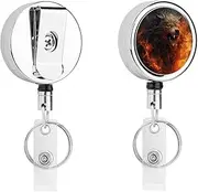 [YJWANDL] Compact Stainless Steel ID Holder with Retractable Cord, Wild Wolf in The Fire Print Lightweight And Durable Everyday ID Holder, White