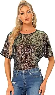 [Allegra K] Sequin Top for Women's Round Neck Short Sleeve Party Clubwear Blouse