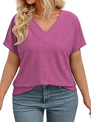[VISLILY] Plus-Size-Summer-Tops for Women Casual V Neck T Shirts Trendy Rolled Short Sleeve Workout Tunics Loose Eyelet Tees