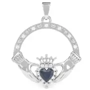 Lab-Created Sapphire Diamond Claddagh Pendant In 14k Solid Gold