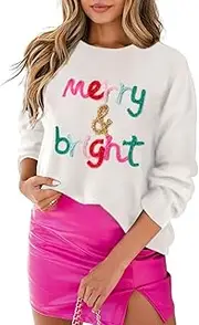 [Luckinbaby] Christmas Sequin Sweatshirts for Women Merry and Bright Letters Pullovers Xmas Long Sleeve Colorful Sweatshirts