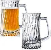 QUSHEJIAND 17 oz Beer Glasses - Ribbed Beer Stein Mugs Clear Large Tall Beer Glasses with Handle Heavy Duty Thick Glass Cups for Juice Beverages Bar Mug Set of 2