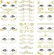 15 Sheets Face Metallic Temporary Tattoo Sticker, Face Gold Temporary Transfer Tattoo Freckle Sticker for Women Girls Halloween Makeup Dancer Costume Parties - Carnival